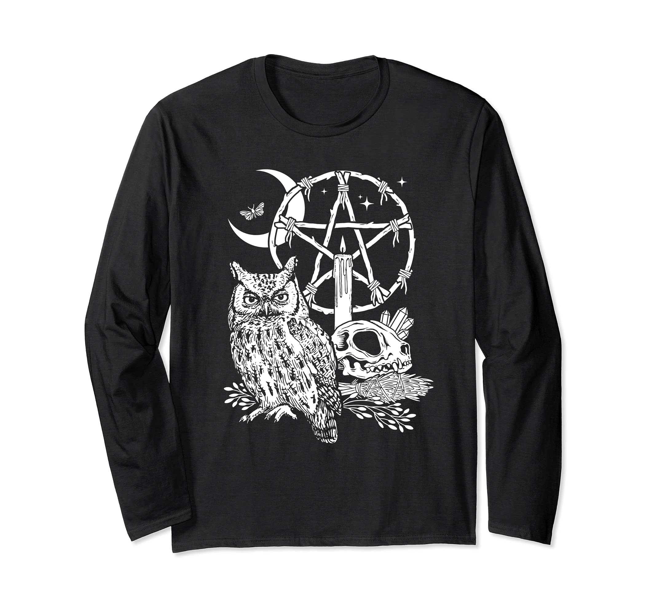 Wiccan Witch Owl, Candle, Moon, Skull, Pentacle Illustration Long Sleeve T-Shirt