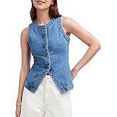 Rseoutlh Women's Denim Vest Sleeveless Button Down Casual Jean Crewneck Waistcoat Denim Top