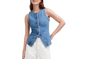 Rseoutlh Women's Denim Vest Sleeveless Button Down Casual Jean Crewneck Waistcoat Denim Top