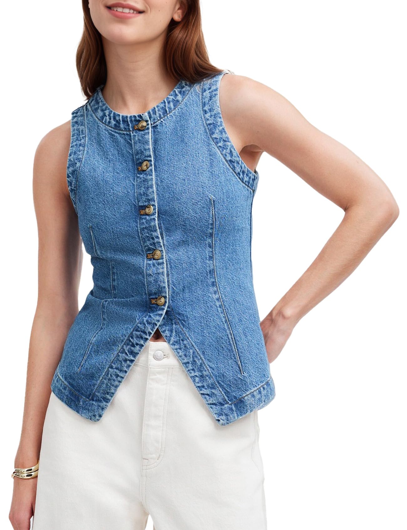 Photo 1 of (MEDIUM) (BAGGED) Rseoutlh Women's Denim Vest Sleeveless Button Down Casual Jean Crewneck Waistcoat Denim Top(Blue-M)