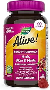 Nature's Way Alive! Hair, Skin & Nails Premium Gummies, Beauty Formula*, with Collagen, Biotin, Vitamins C & E, Strawberry Fl