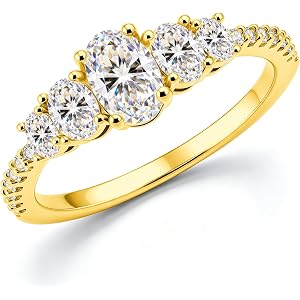 Delzzad 1.2CT Five Stone Oval Moissanite Ring for Women, D Color VVS1 Anniversary Ring, Past Present Future Promise Ring, 18K