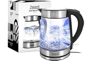 Zeppoli Electric Kettle - Stainless Steel Glass Tea Kettle with Speed Boil & Auto Shutoff - Hot Water Boiler/Heater (1.7L) & Boil-Dry Protection - Cordless & Portable with LED Indicator