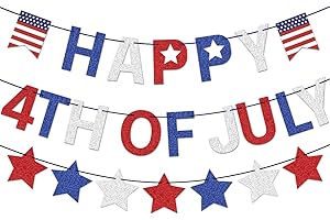 FINALFIESTA ﻿4th of July Banner Red White Blue Glitter Happy 4th of July Banner and Star Garland for Independence Day Memorial Day Patriotic Party Decorations