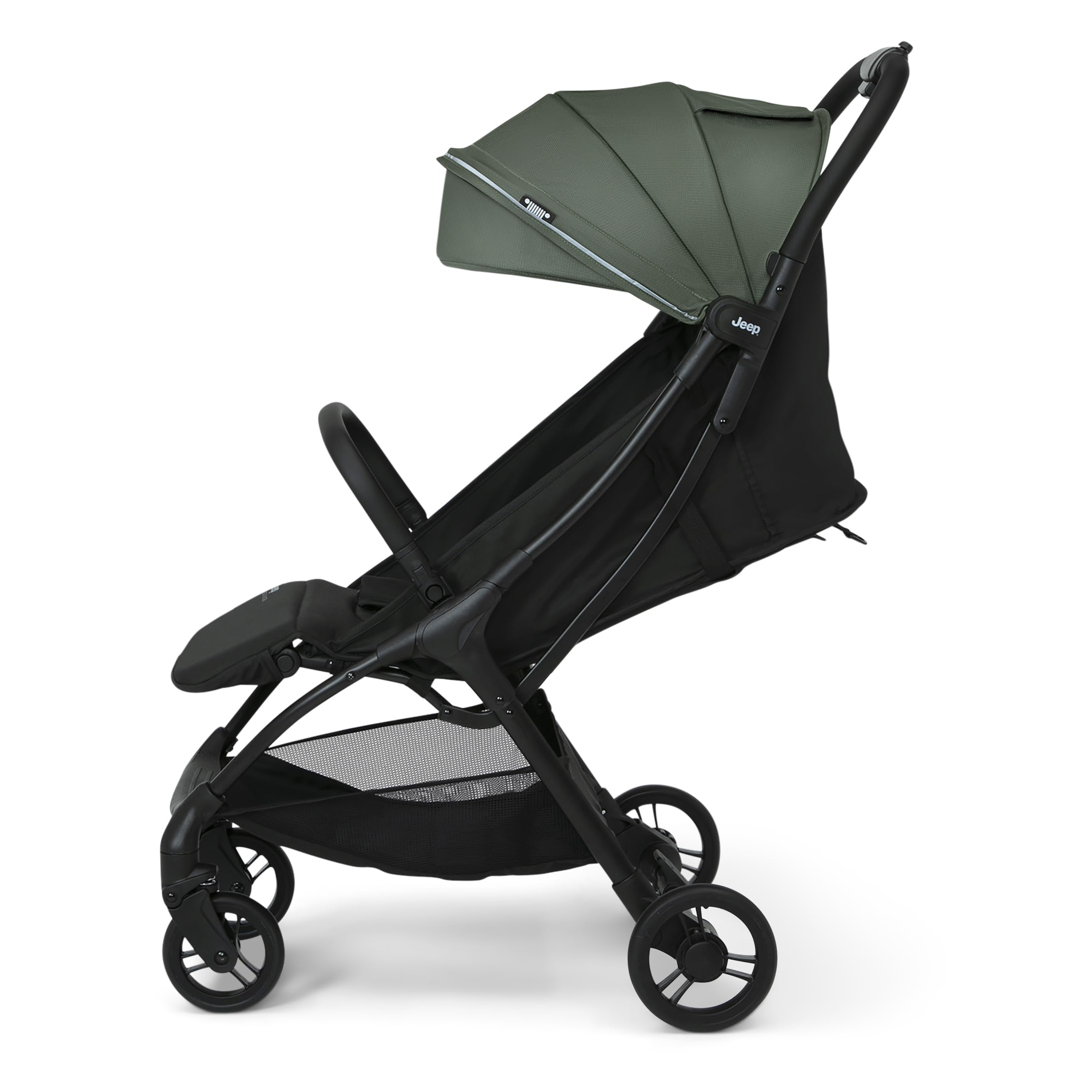 Jeep Altitude Compact Travel Stroller by Delta Children Greenguard Gold, Easy One Hand Fold, Lightweight, Extendable Canopy with Peek-a-Boo Window, Reclining Seat, 4 Wheel Suspension, Olive Green