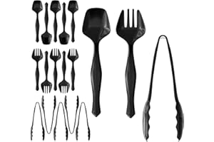 R-KAY 18 Pcs Black Plastic Serving Utensils Set - 6 Black Plastic Serving Spoons, 6 Black Tongs And 6 Forks - Heavy Duty Black Disposable Serving Utensils Set For Parties