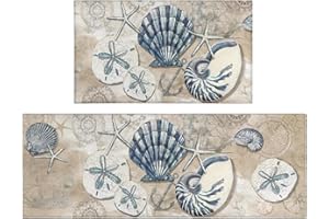 Xsinufn Nautical Kitchen Rugs Set 2 Piece,Ocean Theme Seashell Decorative Rugs for Kitchen, Tropical Beach Low-Profile Floor Mats Decorations for Home Kitchen (17"x48"+17"x30")