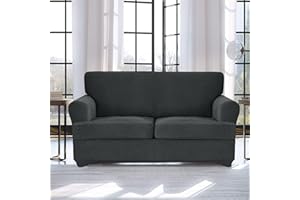 KOPEME 3 Pieces Stretch T Cushion Loveseat Slipcovers with 2 Individually T Cushion Shape Seat Covers，Furniture Protector Sofa Covers with Elastic Bottom (Loveseat, Dark Gray)