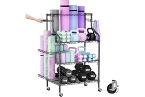 Raynesys Weight Rack for Dumbbells, Yoga Mat Storage Rack, Home Gym storage Stand for Kettlebells Foam Roller, Yoga Strap and Resistance Bands, Workout Storage Organizer with Hooks and Wheels