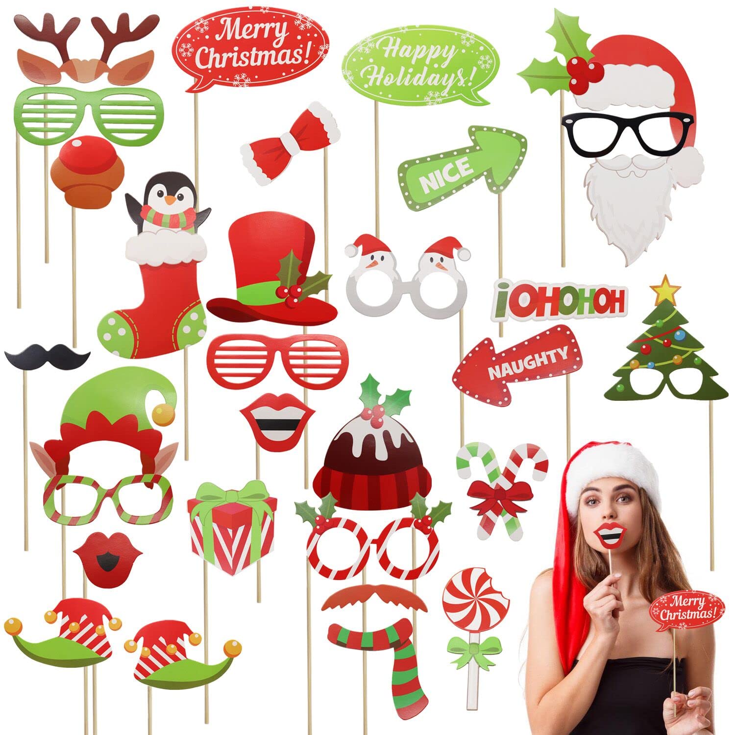 CattleyaHQ Christmas Photo Props,32 Pieces Xmas Party Photobooth Props Kit,Selfie Photo Posing Props Accessories for Adults Kids Christmas Theme Party Favors Supplies