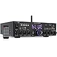 Pyle 200W Wireless Bluetooth Home Stereo Amplifier - Multi-Channel Audio Receiver with Optical - Phono - Coaxial - FM - USB/SD - AUX - RCA - 2 Mic Inputs - ‘Talk-Over’ - Antenna - Remote - PDA4BU