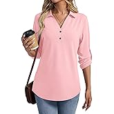 TICTICMISS Women's 3/4 Length Rolled Sleeve Tunic Tops Collared V Neck T Shirts Summer Casual Blouses 2026