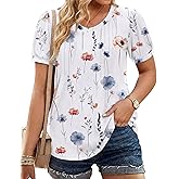 IN'VOLAND Plus Size Tops for Women Summer Puff Short Sleeve Tunic Pleated V Neck Shirts Casual Floral Solid Blouse