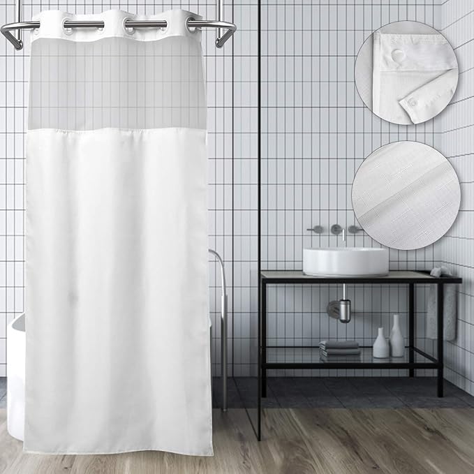 Modern Hotel Grade No Hooks Needed Shower Curtain with Snap