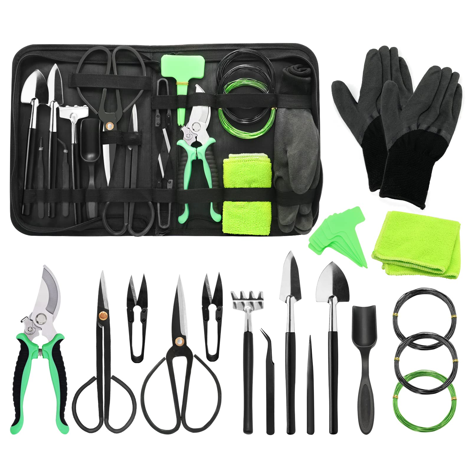 Bonsai Tools Set,YZNlife 24 PCS Carbon Steel Succulent Tools Gardening Trimming Tools with Organizer Bag,Include Leaf Cutters,Pruning Shear,Scissor for Beginners Indoor and Outdoor