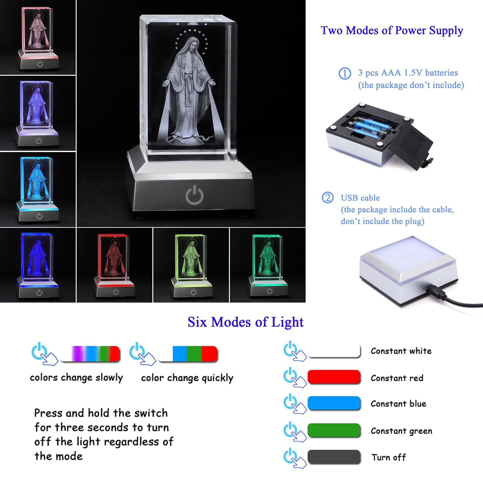 KOMI 3D Crystal Virgin Mary Figurine Statue with LED Light Base, Laser Engraved Mother Mary Statues Religious Gifts for Women Men, Night Light for Bedroom, Christian Catholic Home Decor