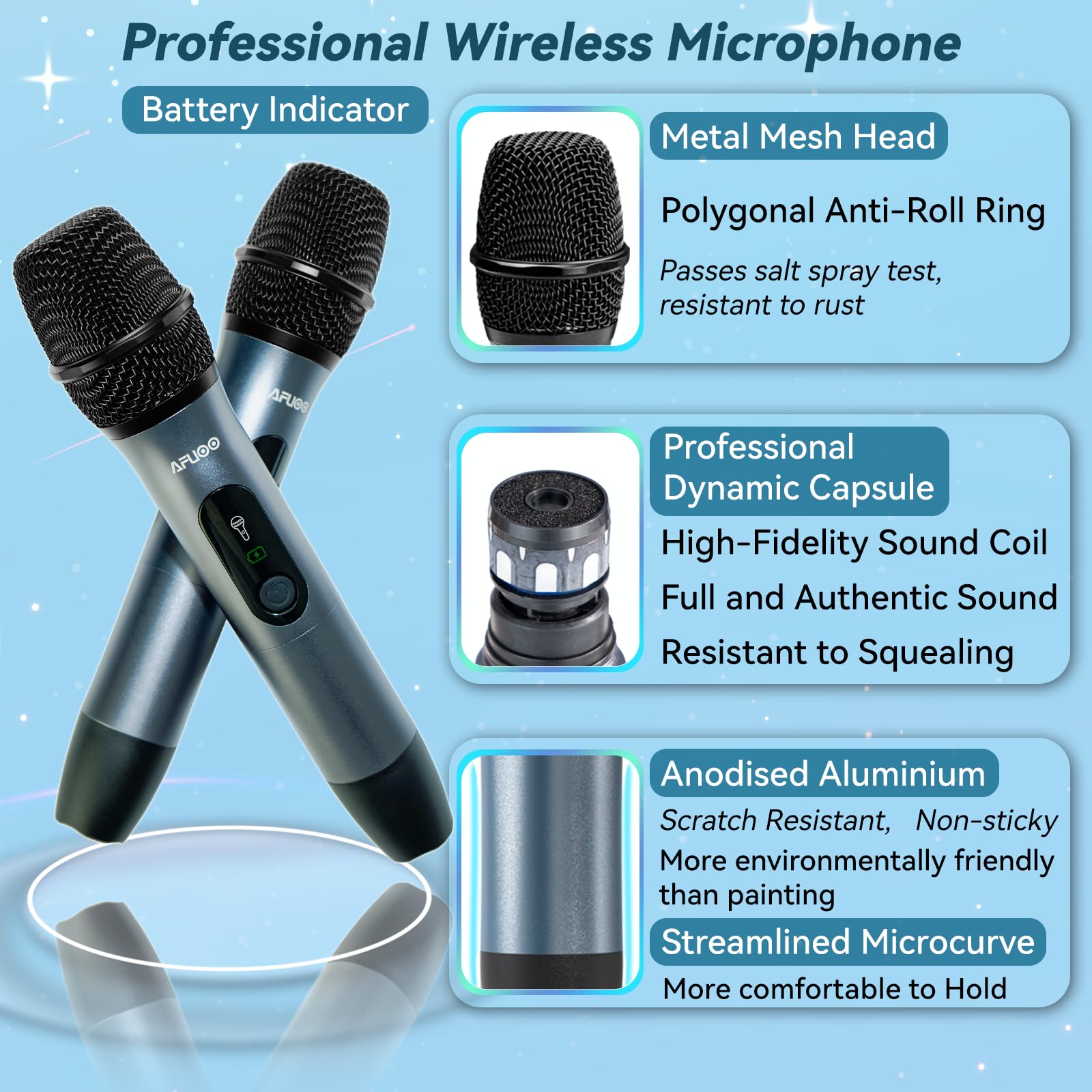Wireless Microphone Set for Singing, Speeches & Events, 2.4GHz Dual-Mic Receiver, 200ft, Storage Bag Included, Metal Cordless Mic 2 Pack for Karaoke Machines, PA Systems, PartyBox, Gray-Blue