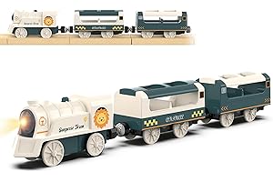 Z MAYABBO Battery Powered Train Set for Railway System, Electric Train Toys for Wooden Tracks, 3Pcs Motorized Locomotive Trains for Toddlers Compatible with Thomas & Friends, Brio, Chuggington
