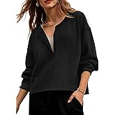 Fisoew Womens Cropped Sweatshirt Casual Waffle Knit Button V Neck Long Sleeve Loose Fit Fall Crop Tops