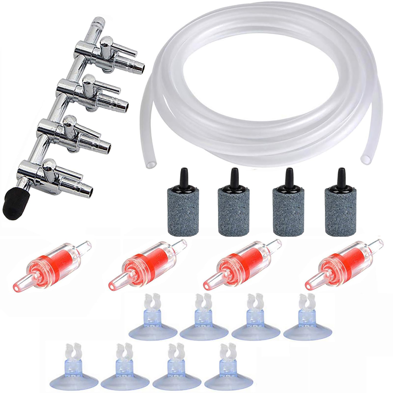 CTRICALVER Four Way Air Flow Control Water Pump Splitter Distributor Lever Adapter with Check Valves, Oxygen Tube 5m, Suction Cups, Air Stone