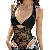 MakeMeChic Women's Black Lace Tank Top Sheer Halter Bodysuit Deep V Neck Open Back Party Leotard Tops