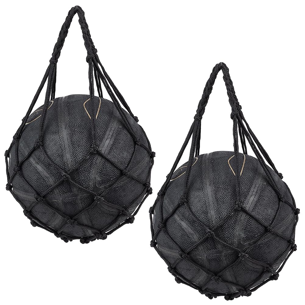 CREATCABIN 2Pcs Basketball Net Bags Football Mesh Bag Polyester Storage Volleyball Rugby Sports Ball Holder Carry Bag Single Ball Carrier Equipment Bags Fit Ball No.3 4 5 for Hoop Black 55x22.5cm