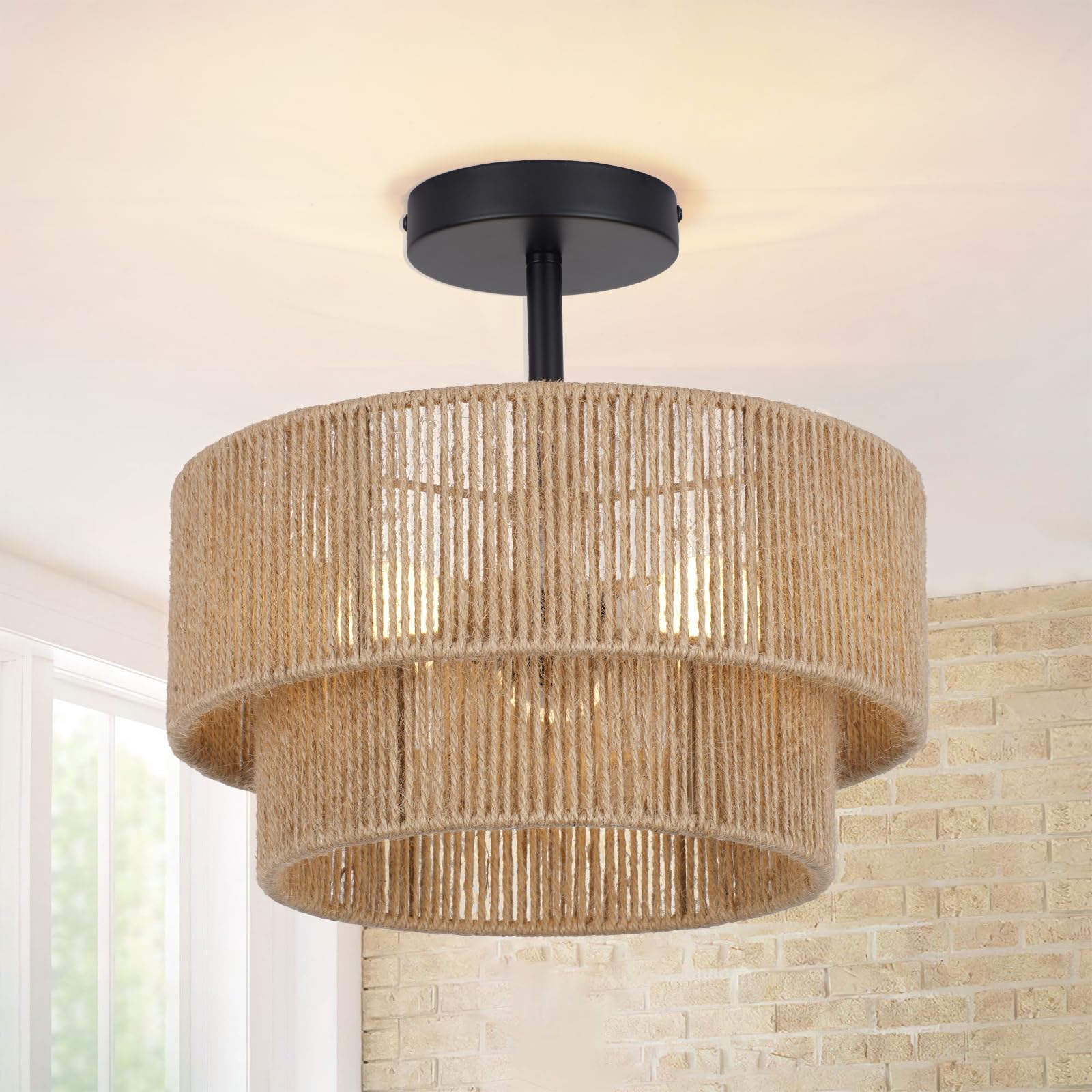 Photo 1 of 12.6'' Boho Light Fixtures Ceiling Mount, Coastal Hemp rope Semi Flush Mount Ceiling Light Fixture,3-Light Rustic Rattan Ceiling Light With 2-Tier Drum Shade, Nursery Light Fixture Bedroom Chandelier