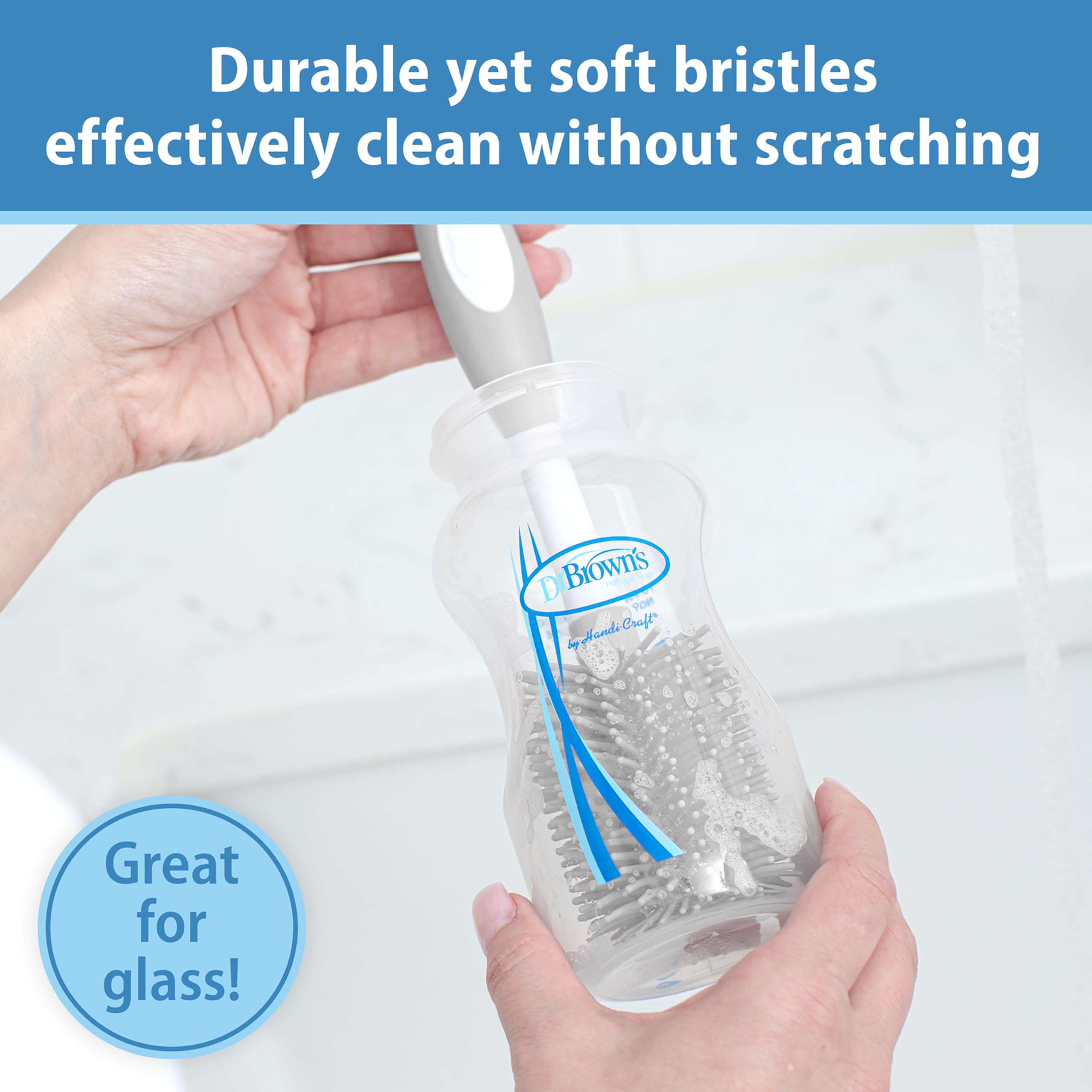 Dr. Brown's Soft Touch No Scratch Baby Bottle Cleaning Brush, Nipple Cleaner & Suction Cup Base for Easy Storage, BPA Free, Gray