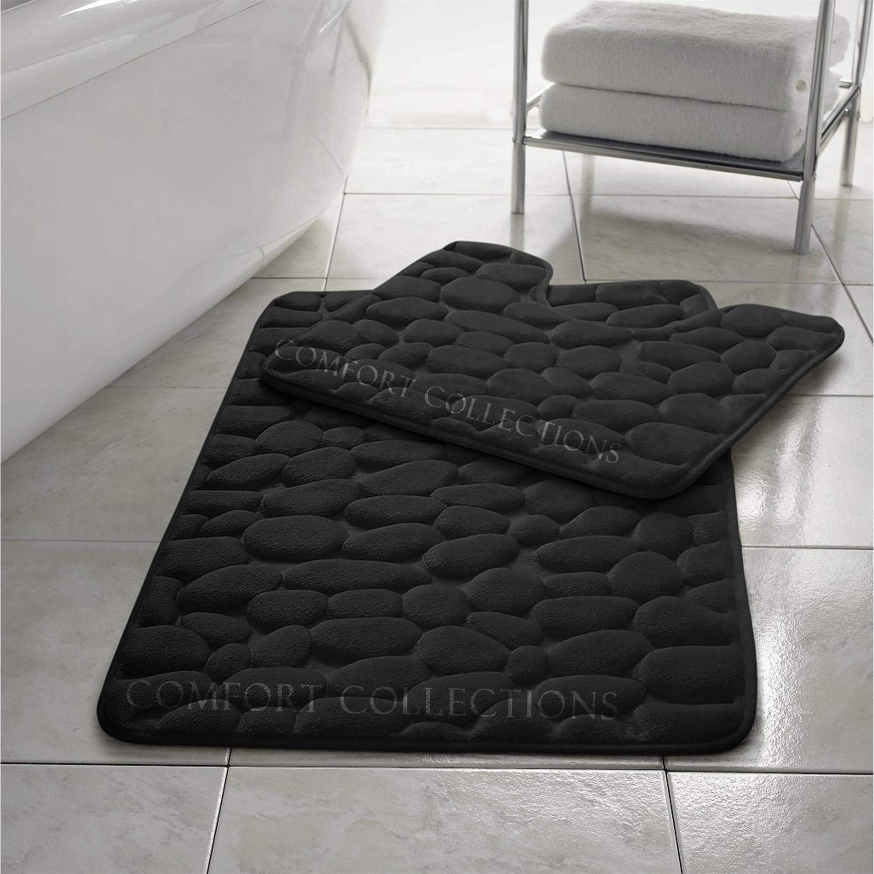 Comfort Collections Memory Foam Pebble Bath Mat Set Pedestal Bathroom Rug 2 Piece Soft Absorbent Non Slip Black Bath Mat (50CM X 80 CM) & Pedestal Mat (50CM X 40 CM) Approximate