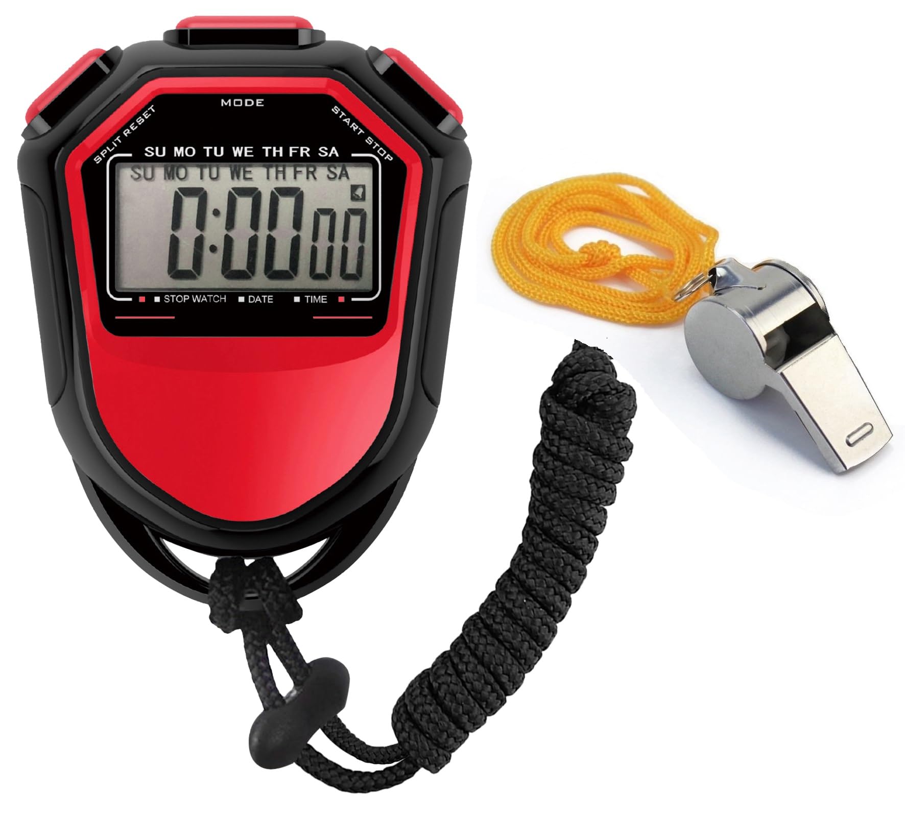 Stopwatch Digital Handheld LCD Timer Chronograph Sports Counter for Multi Sports Stop watch ABS Interval Training Outdoor Running, Swiming with Lanyard KK's (Red + Whistle)
