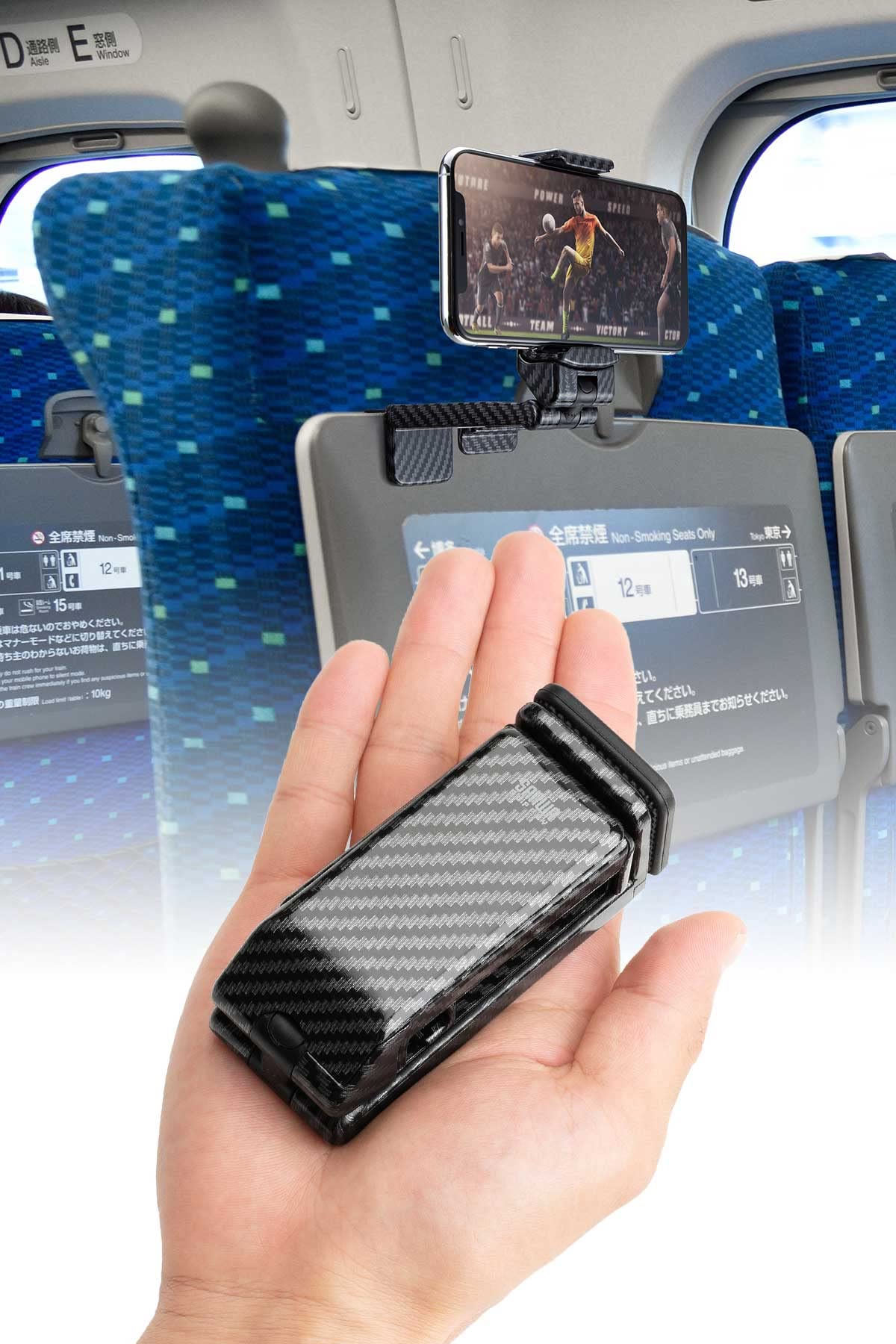 サンワダイレクト iPhoneスマホホルダー クランプ式トラベルスマホホルダー折りたたみ角度調整カーボン調の商品画像