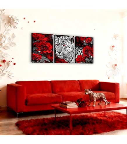 Kalormore Stampa artistica da parete in bianco e nero con tigre, 5 pezzi, motivo: animali selvatici e tigri in bordeaux, fiori rossi, stampa galleria per soggiorno, camera da letto, casa, ufficio