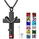 YOUFENG Birthstones Urn Necklaces for Ashes Cross Cremation Pendant Urns for Human Ashes Memorial Keepsake Locket Jewelry