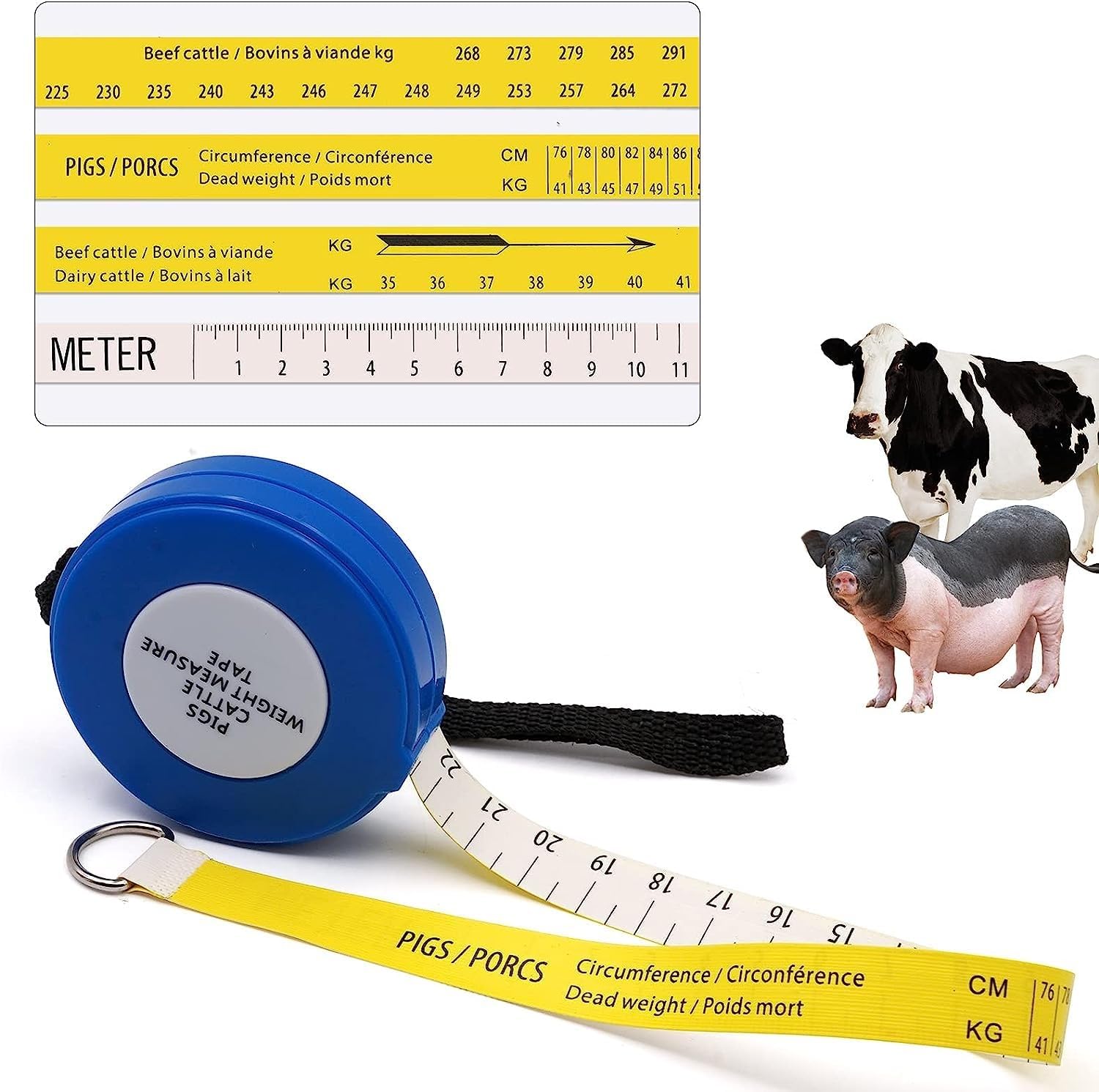 MOGOULUA Portable 250cm Pig Weight Tape Measure Animal Weight Measuring Tape 60" Cattle Waist Correspond Weight Tape Retractable Body Weight Measure Tailor Sewing Craft Cloth Dieting Measure Tape