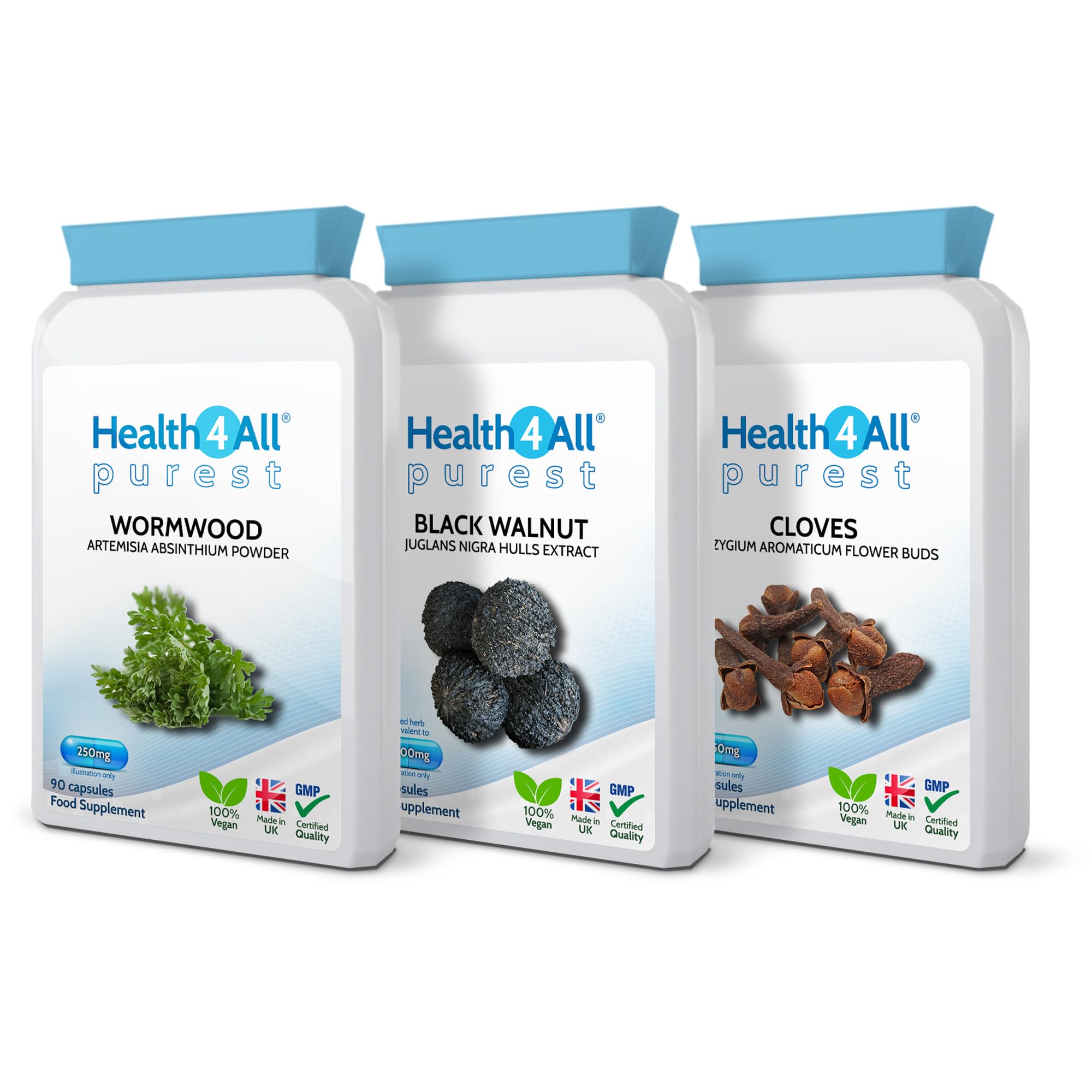 Health4All Wormwood, Black Walnut, Cloves Digestive Intestinal Detox Cleanse for Humans Set, 3x90 270 Capsules, 3 Step Gut Cleanse & Repair, Purest Vegan Colon Detox Supplement | Made in UK
