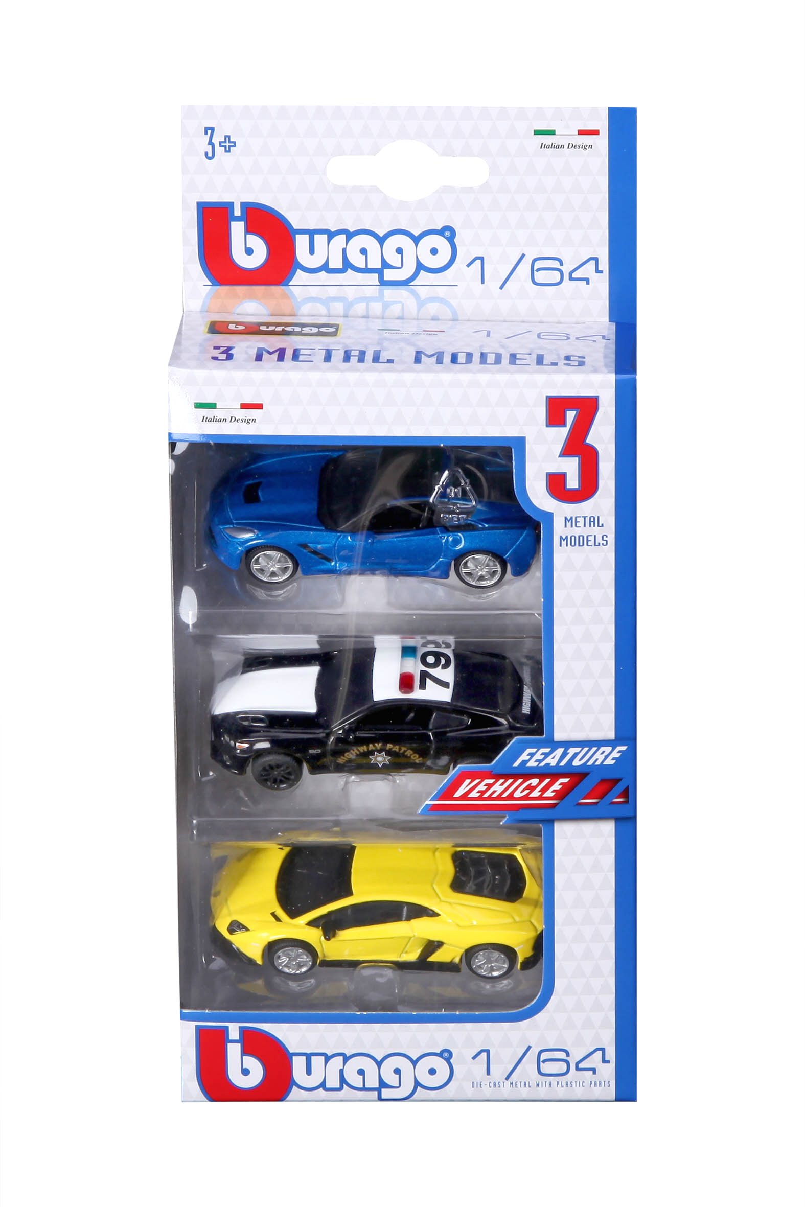 Bburago - Feature Vehicle - Miniature Cars in Scale 1:64 - Set of 3 Vehicles - Toy for Children - Collectable from 3 Years - 59030