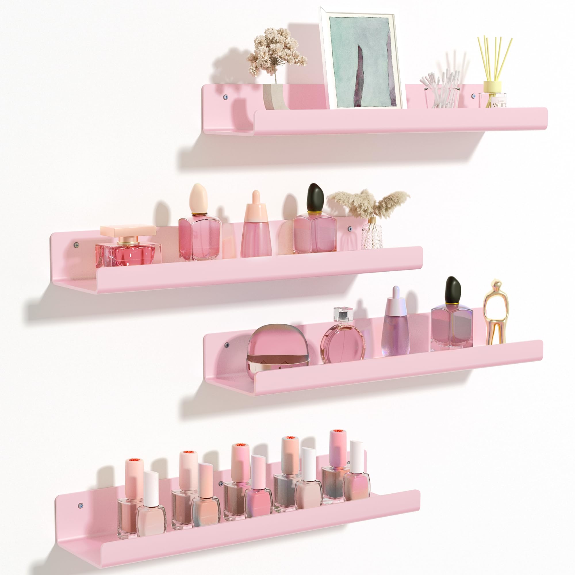 Photo 1 of upsimples Acrylic Shelves for Wall Decor, 15" Display Shelf Perfume Organizer for Bathroom, Bedroom, Living Room, Floating Bookshelves for Kids, Pink, 4 Pack