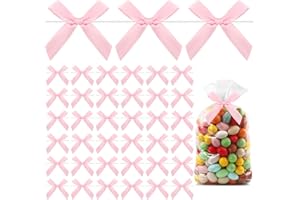 KQNBI Pink Twist Tie Bow, 50 Pack Satin Ribbon Bows for Gift Wrapping, Valentines Day Small Bows for Crafts, Twist Tie Bows for Treat Bags, Mini Bowknot Premade Tiny Bows for DIY Cookie Candy Gift Bags