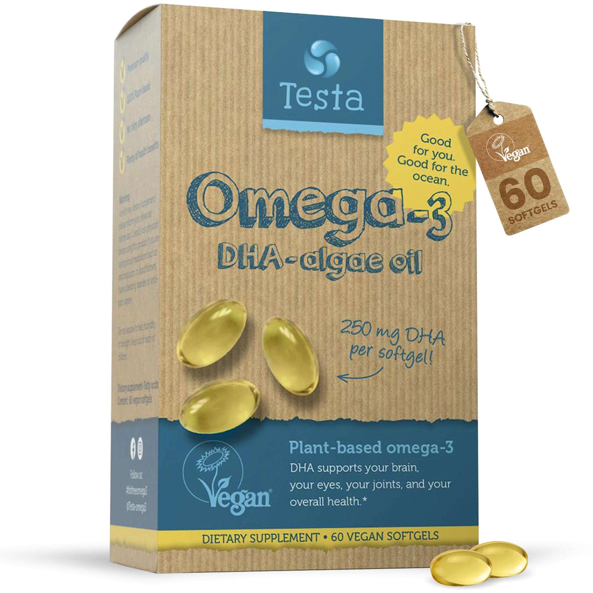 Plant-Based Vegan Omega 3 Supplement - 250mg DHA from Algae Oil - Algae Omega 3 - Supports Brain and Eye Health - Not from Fish, Pure Algae Capsules - 2 Months Supply
