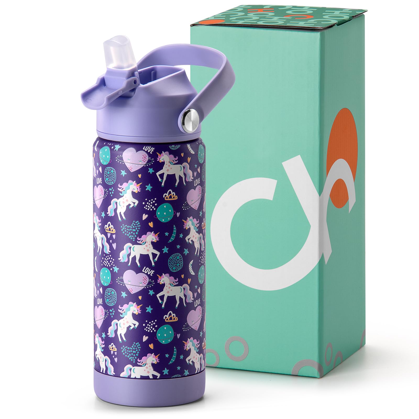 Choco Mocha Girls Water Bottle Kids Stainless Steel Water Bottle Metal Water Bottle with Straw Leak Proof Insulated Bottle for School BPA Free Double Wall 14/18 Oz,Purple-Unicorn