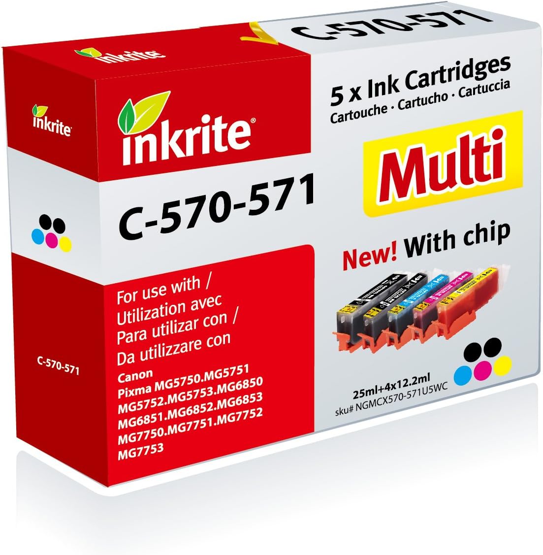 Inkrite Compatible Inkjet Cartridge (Pack of 5), Canon PGI570XL / CLI
