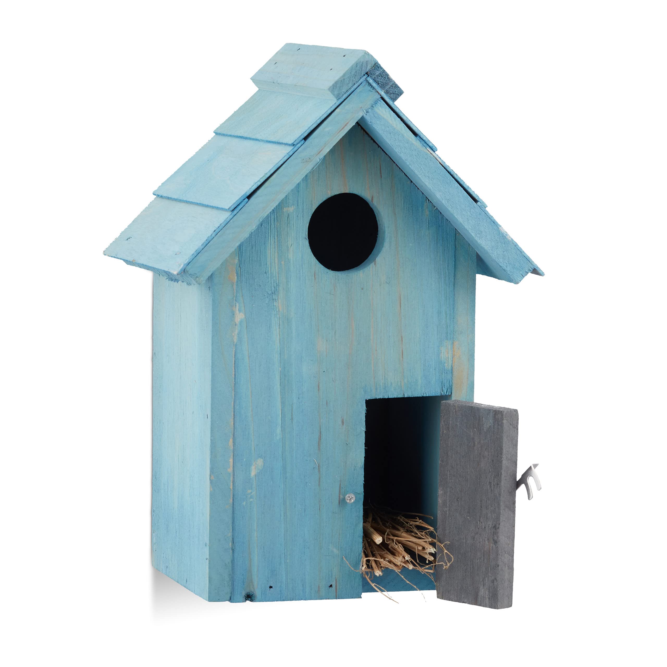 Relaxdays Nesting Box, Bird House, Wooden, Door, Small Entrance, Songbirds, HxWxD: 24.3 x 17 x 12 cm, Blue