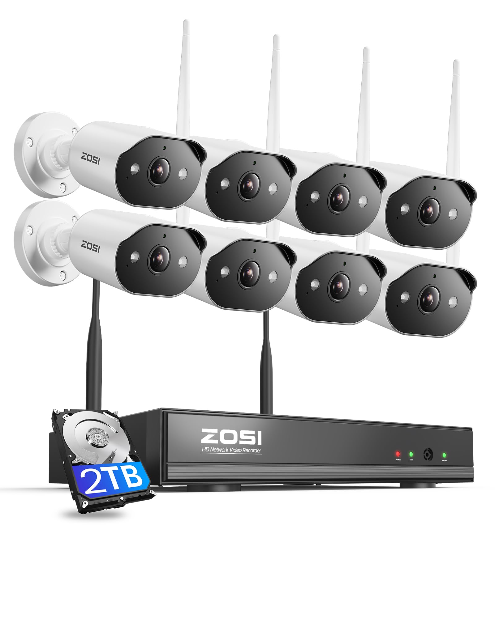 ZOSI 8CH 2K Wi-Fi 6 Security Camera System,8x 3MP Plug-in WiFi Outdoor Cameras,Spotlight Color Night Vision,AI Person Detection,2 Way Audio,8MP 4K 8Channel NVR with 2TB Hard Drive for 24/7 Recording
