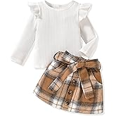 MINIFEIKO Toddler Girls Skirt Set Long Sleeve Ruffle Shirt and Plaid Skirt Outfit 2 Piece Set