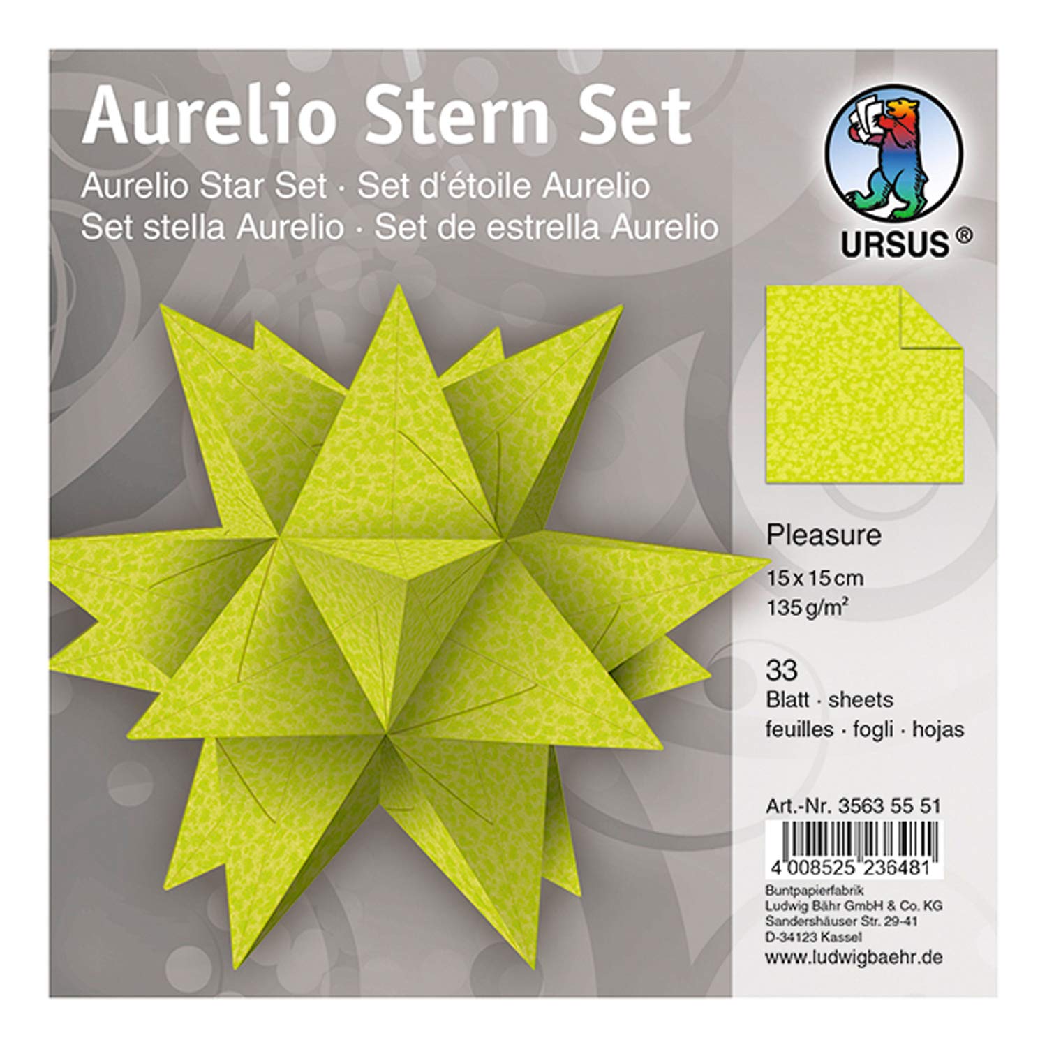 URSUS Aurelio Pleasure Folding 33 Sheets of Creative 15 x 15 cm 135 g/m² Printed on Both Sides Beautiful Paper Stars for Christmas Season Light Green, One Size