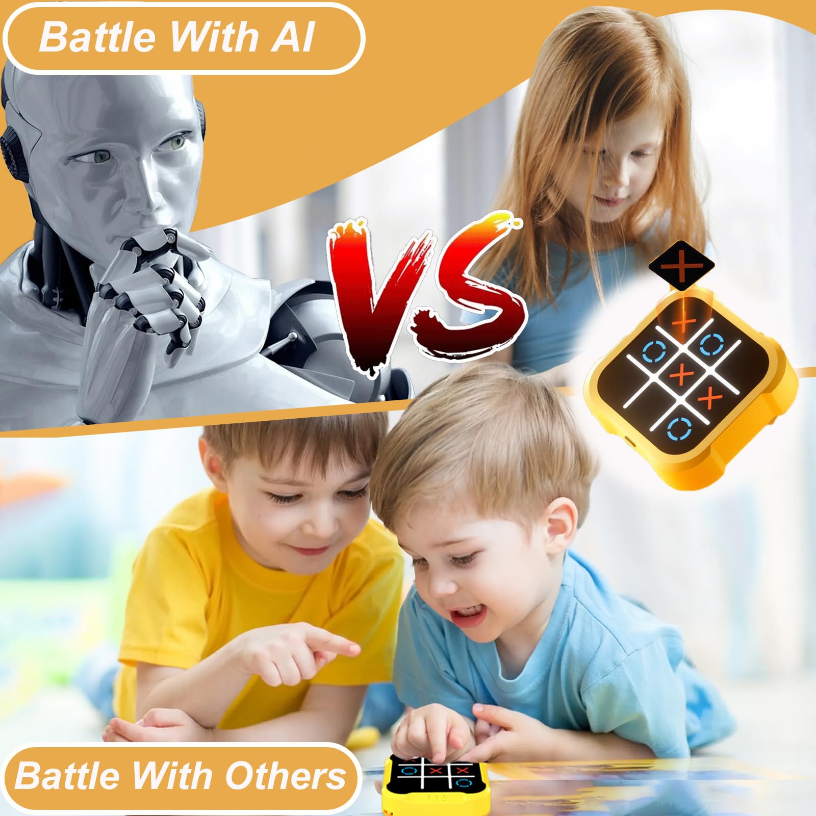 Tic Tac Toe Elektronisch, Elektronisch Tic-Tac-Toe Bolt Spiel, 3-In-1-Puzzlespielkonsole, Zappelspielzeug-Brettspiele, Brettspiel Familietragbare Reisespiele FüR Bildung 3+ Jährige Jungs (Yellow) 2