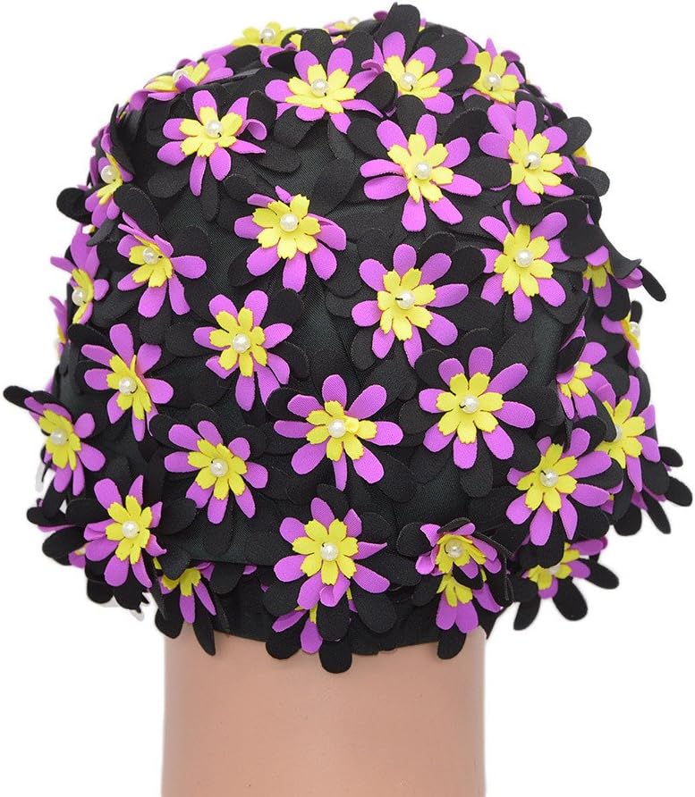 Medifier Swim cap Floral Petal Retro Style Bathing Caps for Women Black - Image 4