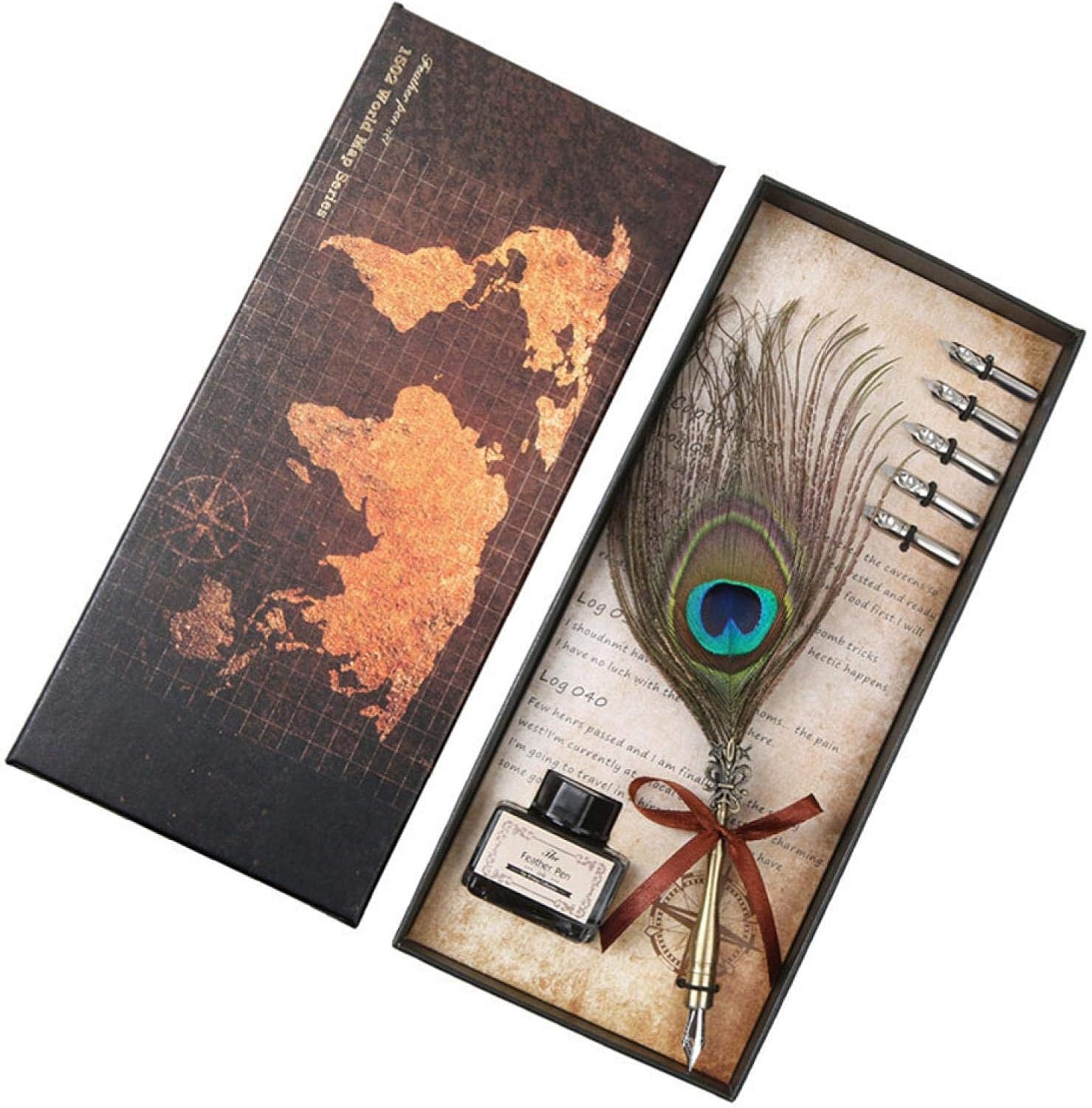Retro Peacock Feather Quill Fountain Pen Set Calligraphy Dip Pen Kit ...