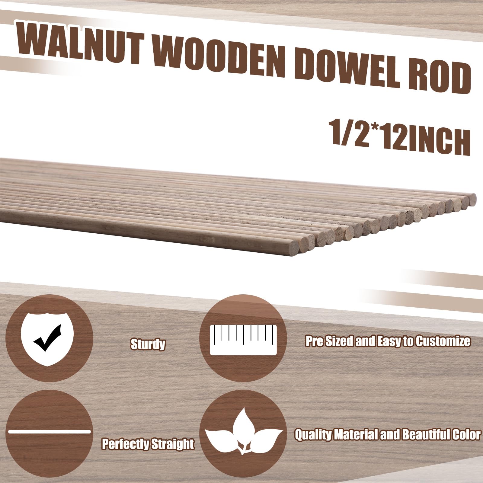 Wenqik 24 Pcs Wooden Dowel Rods Walnut Dowel Rod Sticks Wooden Dowels for Crafts Wooden Stick Round Dowels for Woodworking Unfinished Wood for Crafting Woodworking Building Material (1/2 x 12 Inch)