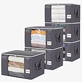 Blanket Storage Bags 6 Pack 60L Clothes Closet Organizer Containers PE | High-Strength PE, Reinforced Handle, Dual-Slider Zipper, Clear Window and Label Pocket, Ventilated Foldable Design
